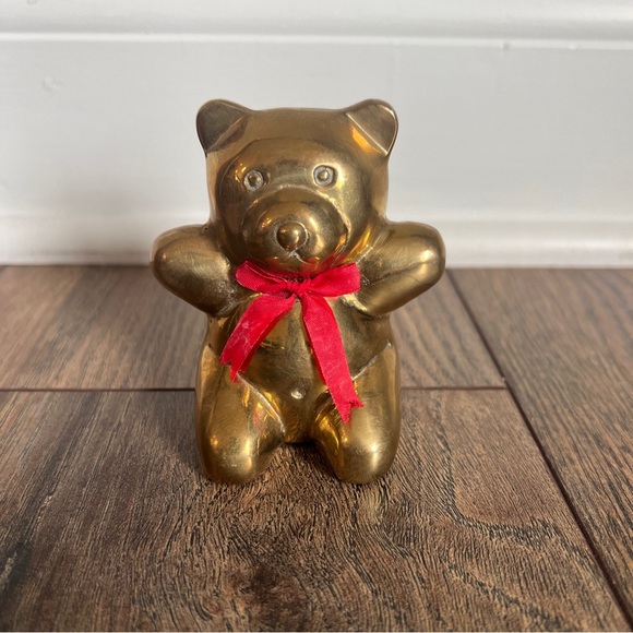 Brass Teddy Bear Figure with red bow - Picture 1 of 3